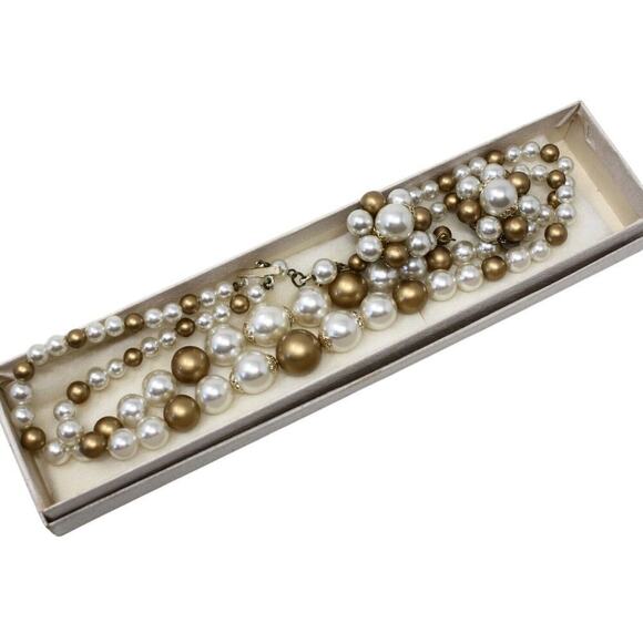 Vintage 2 Strand Gold White Bead Necklace Clip On Earring Set Original Box Japan - Picture 2 of 7